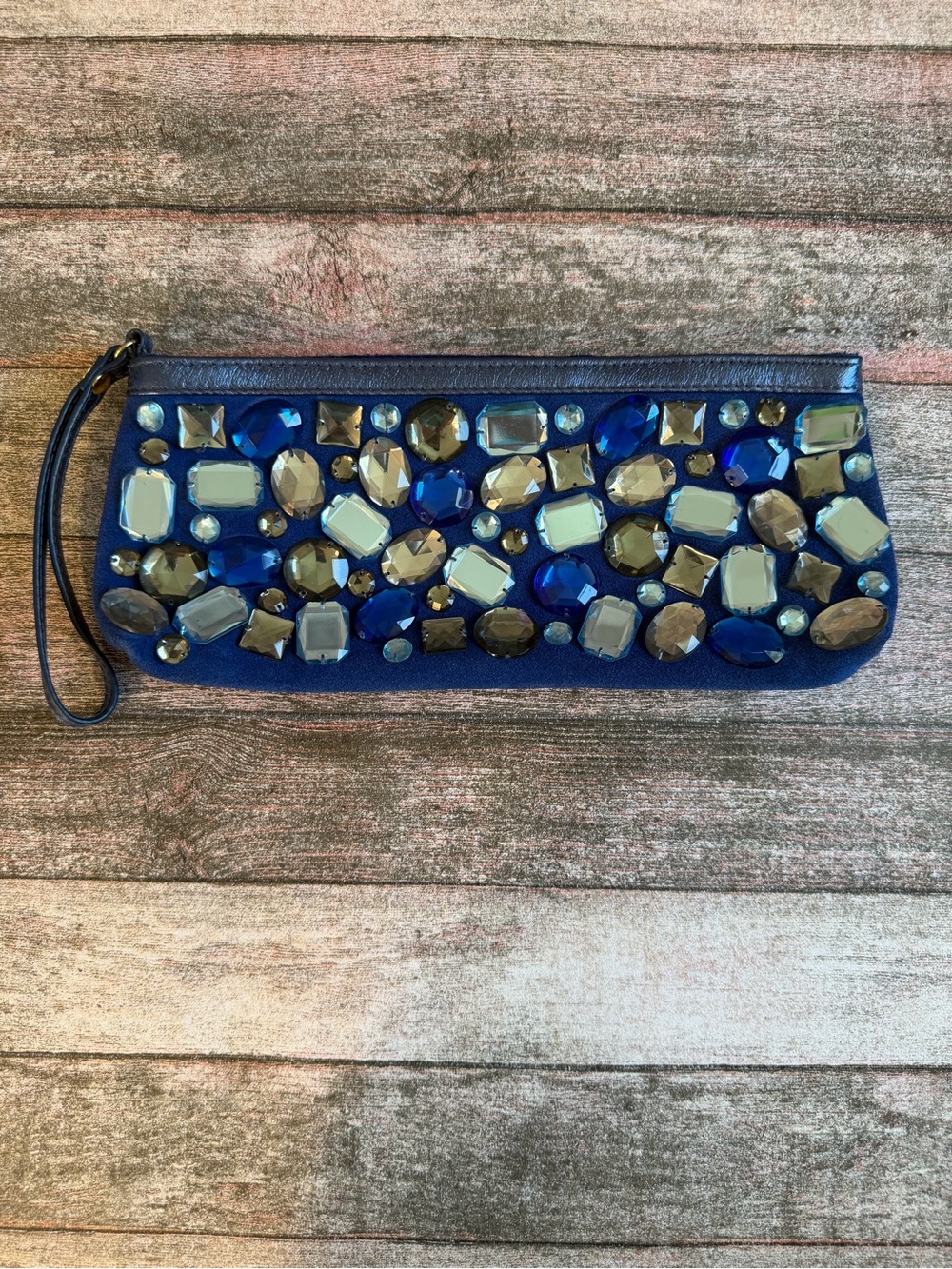 Arden B Navy Wristlet Clutch with Blue and Smoky Gemstones